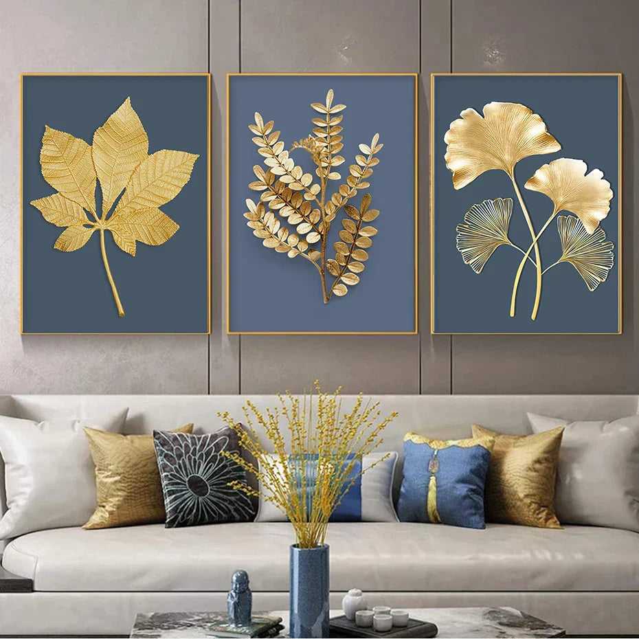 Blaue Minimalistische Goldene Abstrakte Florale Wandkunst Feine Kunst Leinwanddrucke Bilder Für Luxuriöses Wohnzimmer Esszimmer Home Office Kunst Dekor | Karnz