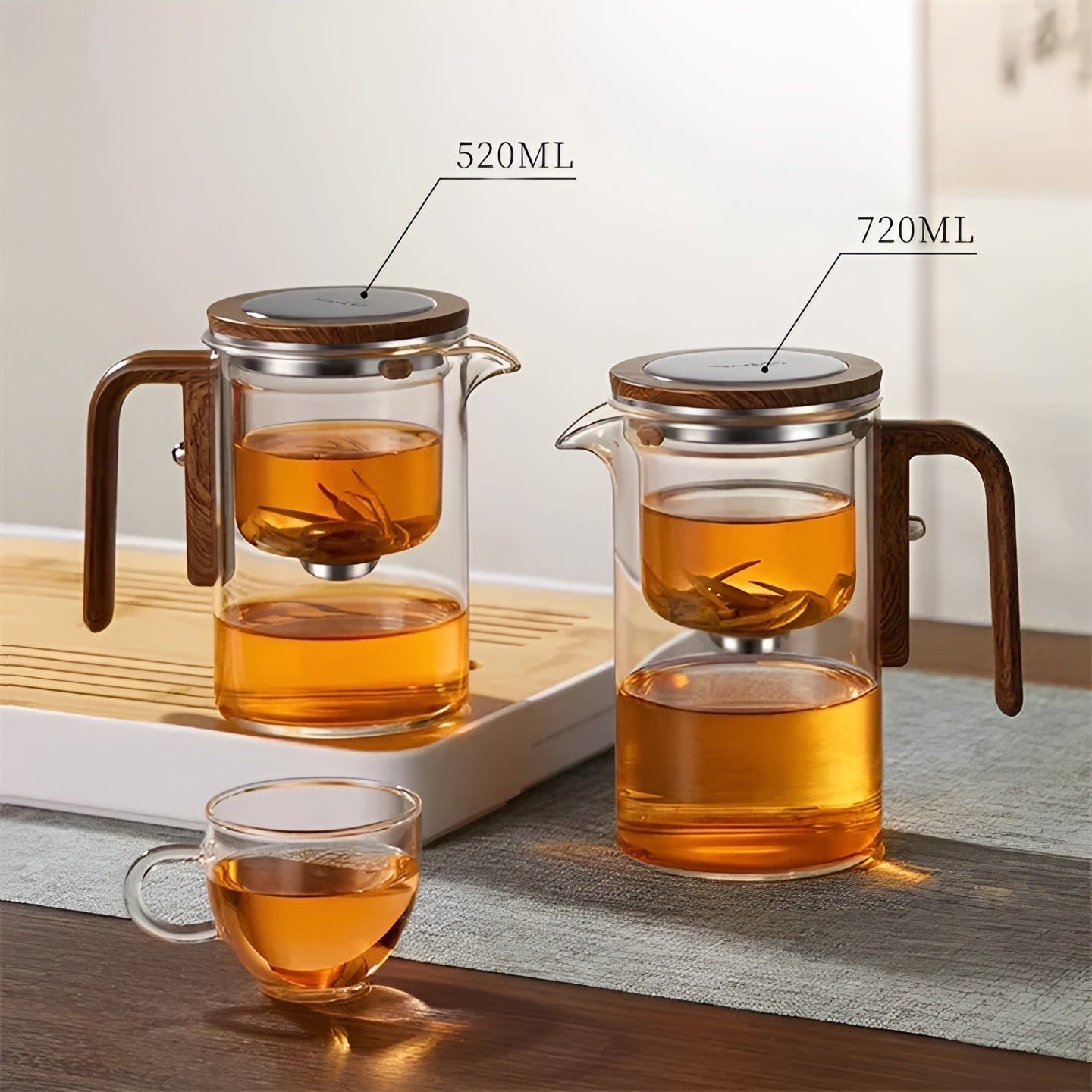 Glas-Teekanne mit Holzgriff – Ein-Klick-Filter | Perfekt für losen Tee & Puer | Karnz