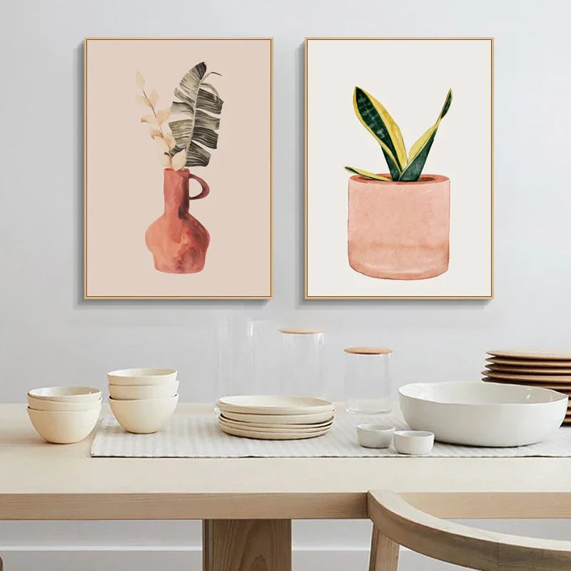 Minimalistische Aquarell-Kaktus Pflanze mit Topf Grüne Blätter Wandkunst Feine Kunst Leinwanddrucke Bilder für Esszimmer Wohnzimmer Kunst Dekor | Karnz
