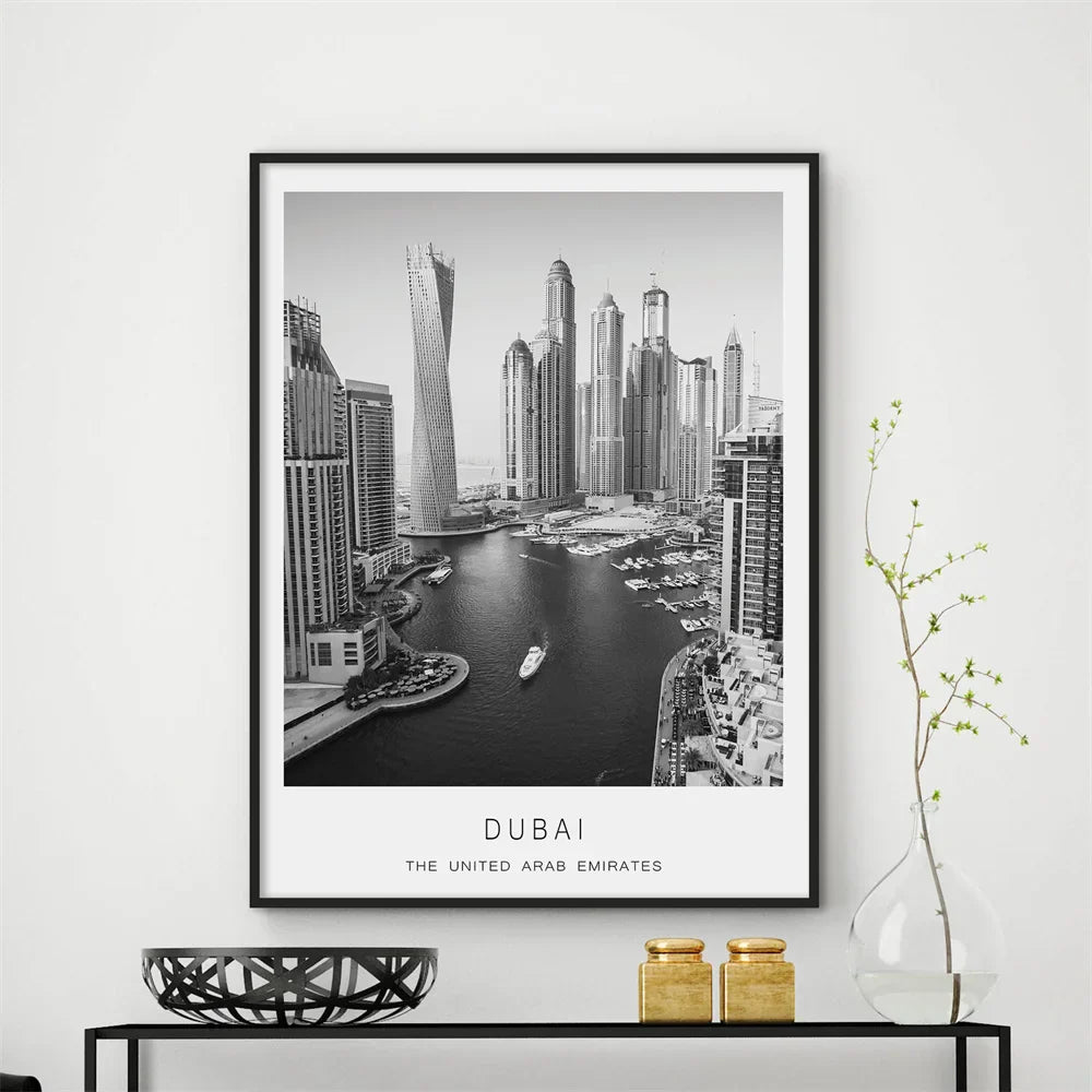 Dubai Skyline Poster Internationale Reisen Wandkunst Fein Kunst Leinwanddrucke Schwarz Weiß Bilder Für Wohnzimmer Esszimmer Heim Büro Kunst Dekor | Karnz