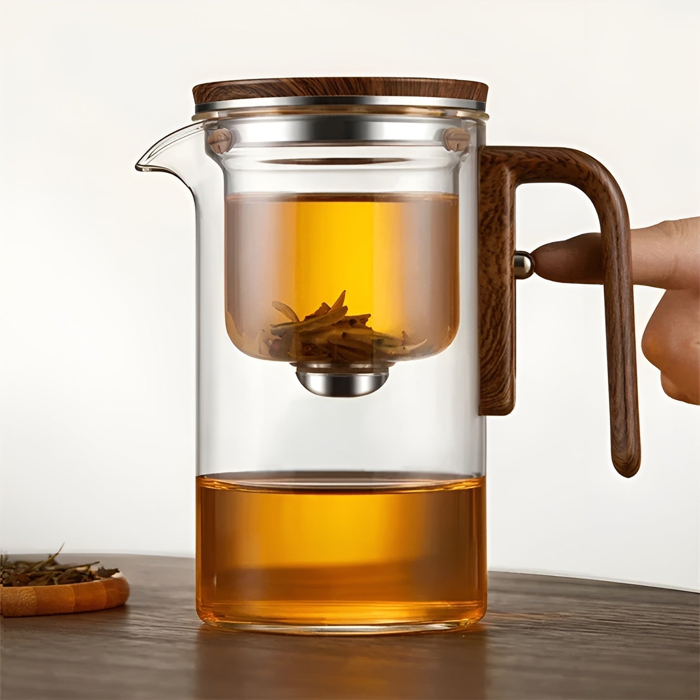 Glas-Teekanne mit Holzgriff – Ein-Klick-Filter | Perfekt für losen Tee & Puer | Karnz