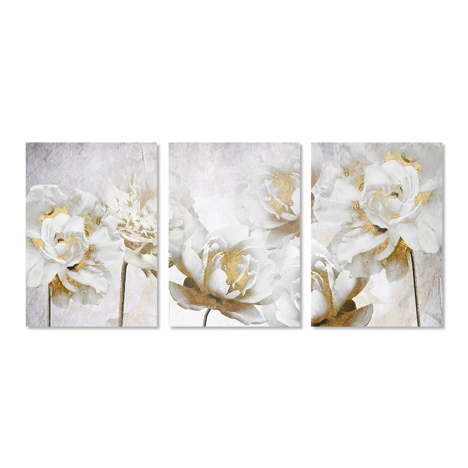 Opulente Blüten Elegante Weiße Blumen mit Goldakzenten Leinwand Wandkunst Feine Kunstleinwand Drucke Poster Florale Bilder Für Modernes Wohnzimmer | Karnz