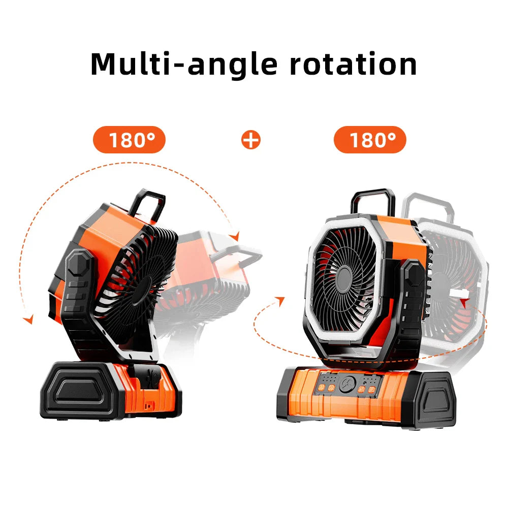 20000mAh Tragbarer Wiederaufladbarer Ventilator — Akku-Betriebene Tisch- & Camping-Lüfter mit LED-Licht & Haken für Zelt, Auto und Outdoor-Ausflüge | Karnz