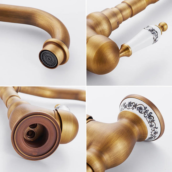 Küchenarmatur aus antikem Messing mit keramischem Griff - 360° schwenkbar | Traditionelles Design Karnz
