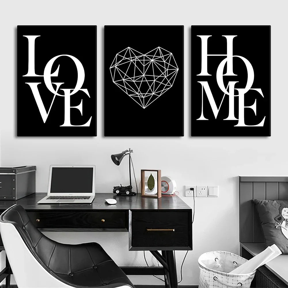 Set aus 3 Stück Geometrische Liebe Zuhause Herz Wandkunst Feine Kunst Leinwanddrucke Schwarz Weiß Minimalistische Poster Bilder Für Wohnzimmer Schlafzimmer Kunst Dekor | Karnz