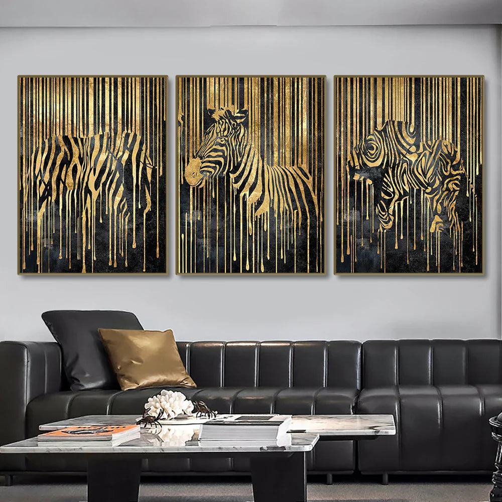 Moderne abstrakte goldene Zebra-Linien Löwe Elefant Tiger Wandkunst Fein Kunst Leinwanddrucke Bilder für luxuriöse Wohnung Wohnzimmer Esszimmer Kunstdekoration | Karnz