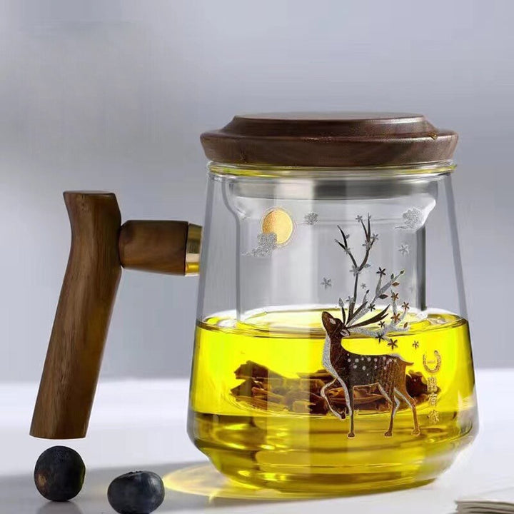 Premium Glas Teetasse mit Filter und Holzgriff, 470ml