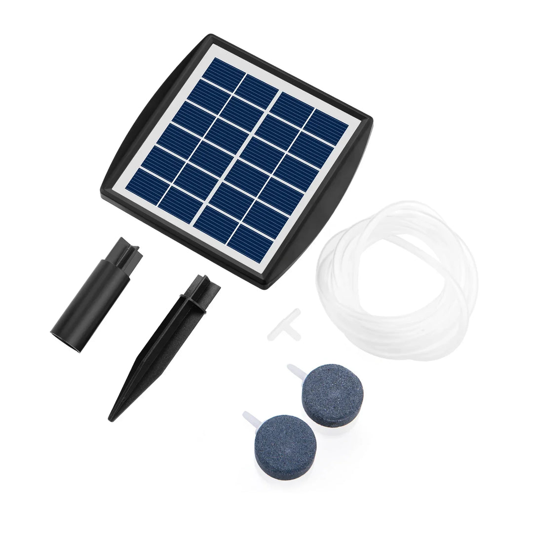 Karnz | AquaSola Solarbetriebene Sauerstoffpumpe mit Batterie | 6V 2W | Für Teiche & Aquarien | Einschließlich 2 Luftsteine & 0,25 cm Schlauch