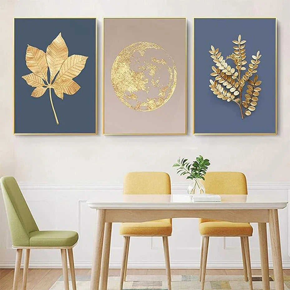 Blaue Minimalistische Goldene Abstrakte Florale Wandkunst Feine Kunst Leinwanddrucke Bilder Für Luxuriöses Wohnzimmer Esszimmer Home Office Kunst Dekor | Karnz