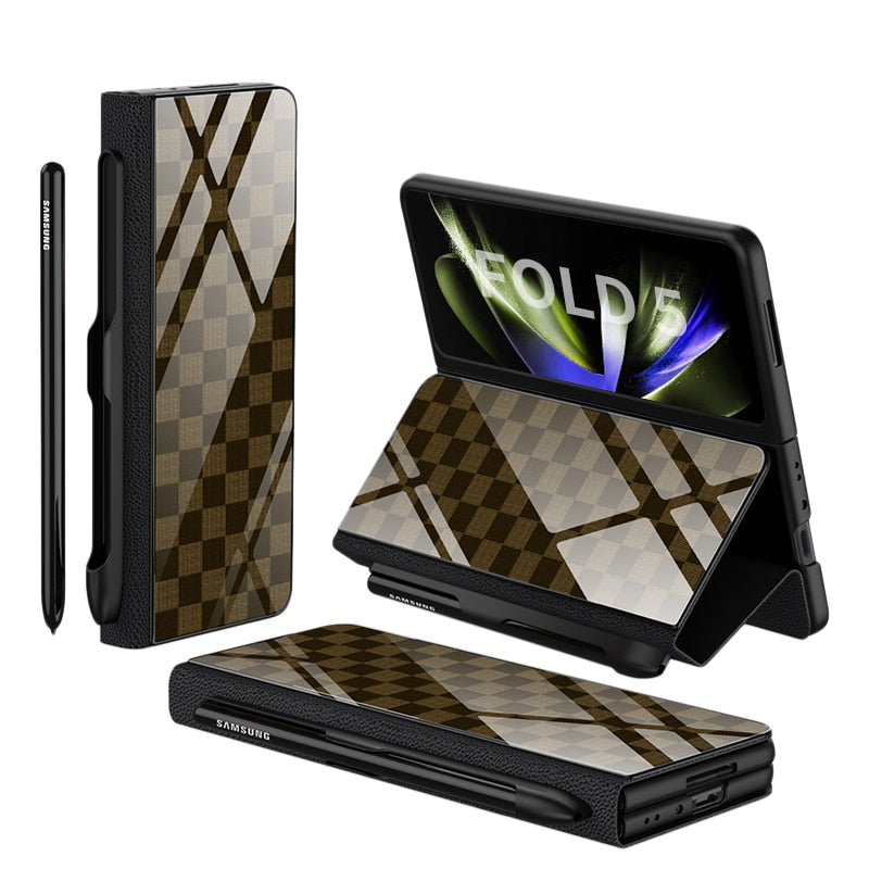Karnz | Stoßfeste Rüstungshülle Hülle Glas Abdeckung Ständer Einfügkarte Lederhülle für Samsung Galaxy Z Fold 5/4