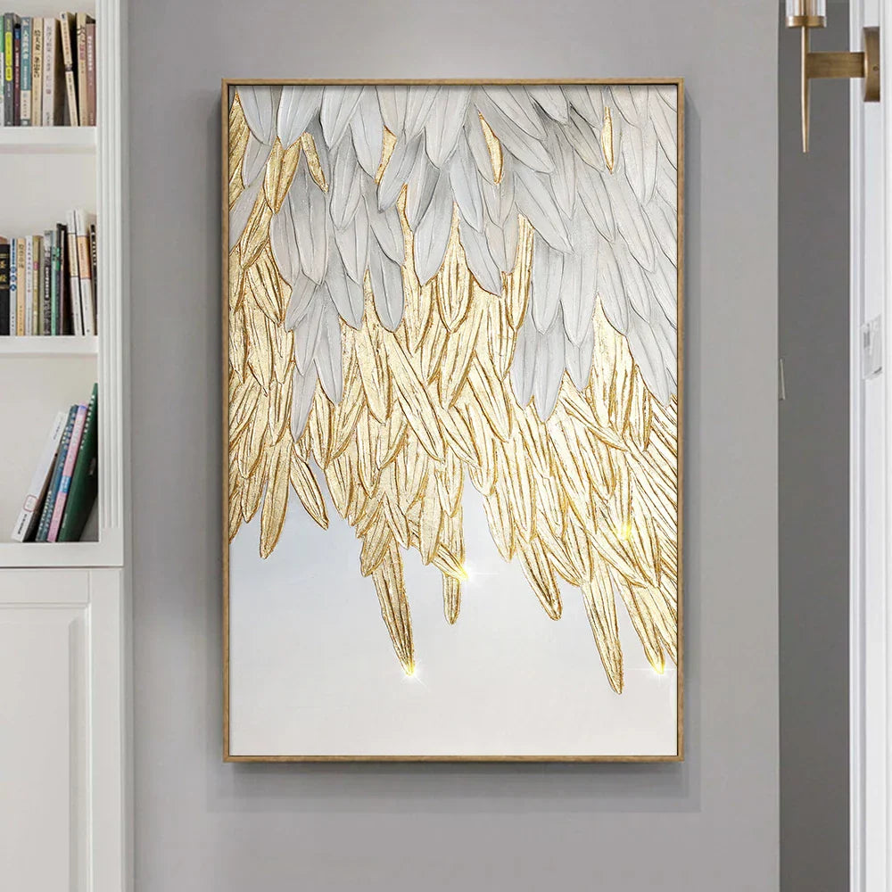 Modern abstraktes goldenes Federdesign Wandkunst Feine Kunst Leinwanddrucke Bild für Luxus-Wohnzimmer Schlafzimmer Eingangsbereich Foyer Kunst Dekor | Karnz