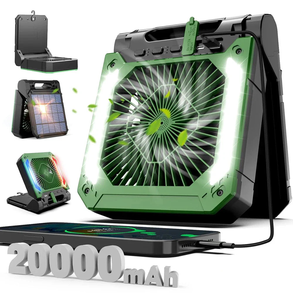 20000mAh Tragbarer Elektrischer Ventilator mit LED Licht — USB, Solar & Auto-Ladung für Camping | Karnz