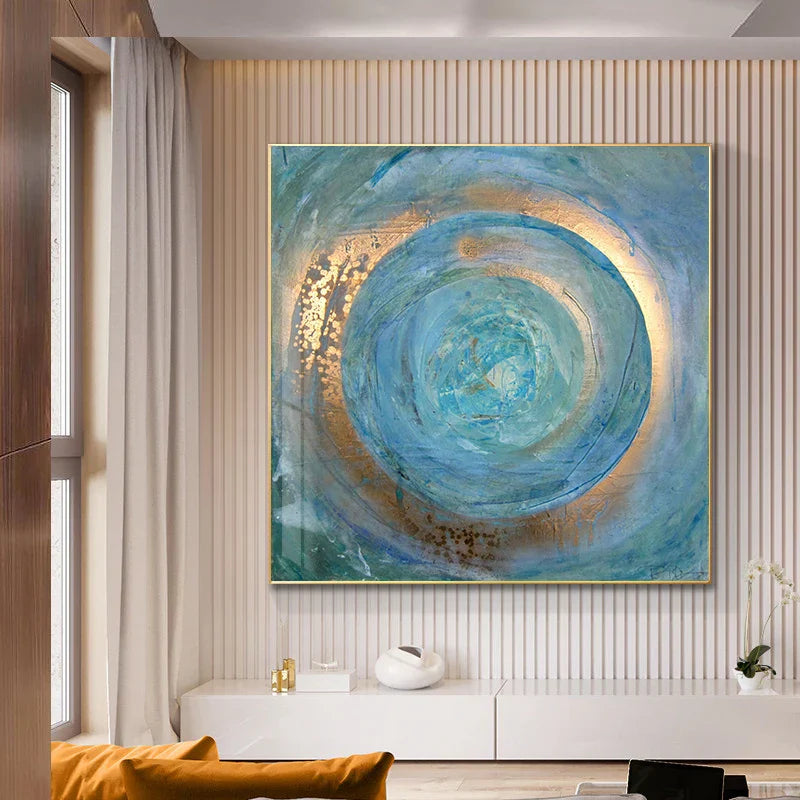 Blaue Goldene Wirbel Kreiss Wandkunst Feine Kunst Leinwanddrucke quadratisches Format Abstrakte Bilder für Wohnzimmer Schlafzimmer Home Office Kunst Dekor | Karnz