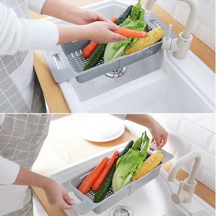 FlexDrain Abtropfkorb Küche – Verstellbarer Spülbecken Organizer | Auto Ablauf & Obst Gemüse Trockner | Platzsparendes Küchezubehör | Karnz