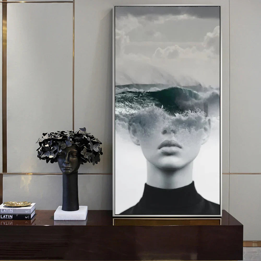 Modern Abstract Portrait Überlagerung Landschaft Wandkunst Fine Art Leinwanddrucke Schwarz Weiß Bilder Für Modernes Wohnzimmer Eingangsbereich Foyer Kunst Dekor (Unrahmt) | Karnz