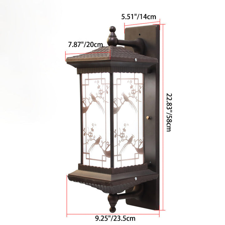 Traditionelle chinesische rechteckige Aluminium-Glas-Solar-LED-Wandleuchte für Garten | Karnz