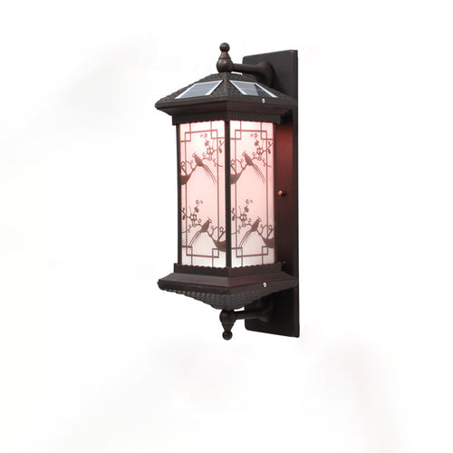 Traditionelle chinesische rechteckige Aluminium-Glas-Solar-LED-Wandleuchte für Garten | Karnz