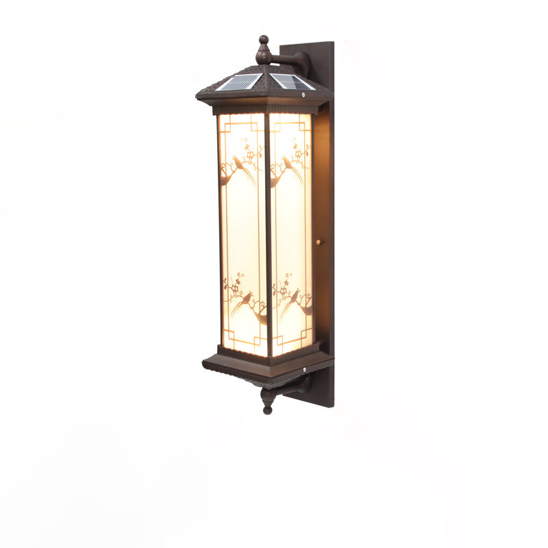 Traditionelle chinesische rechteckige Aluminium-Glas-Solar-LED-Wandleuchte für Garten | Karnz