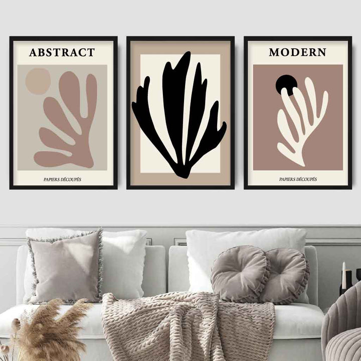 Abstraktes modernes Wandbild-Set im Matisse-Stil, Schwarz, Beige, 3er-Set