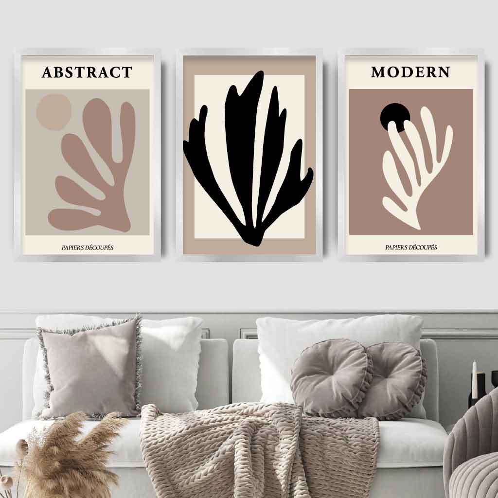 Abstraktes modernes Wandbild-Set im Matisse-Stil, Schwarz, Beige, 3er-Set