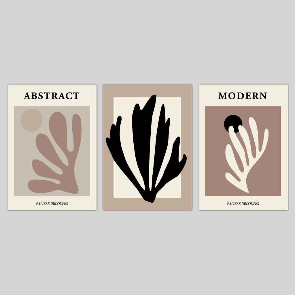 Abstraktes modernes Wandbild-Set im Matisse-Stil, Schwarz, Beige, 3er-Set