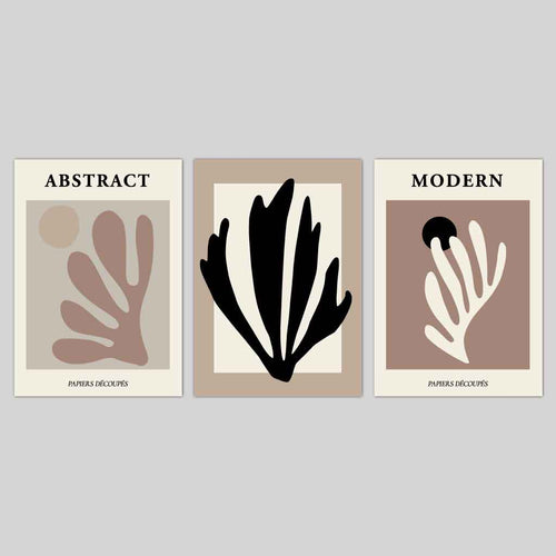Abstraktes modernes Wandbild-Set im Matisse-Stil, Schwarz, Beige, 3er-Set