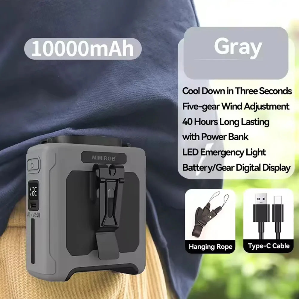 10000mAh Taillenklem Ventilator mit Power Bank – Tragbarer Freisprech-Akku Ventilator | 5-Geschwindigkeits-Kühlung, Batteriestatusanzeige, USB-Ladung, Tragbarer Ventilator für den Außenbereich | Karnz