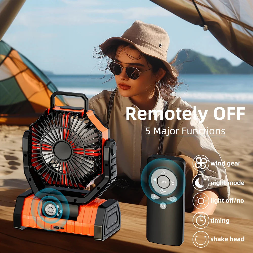 20000mAh Tragbarer Wiederaufladbarer Ventilator — Akku-Betriebene Tisch- & Camping-Lüfter mit LED-Licht & Haken für Zelt, Auto und Outdoor-Ausflüge | Karnz