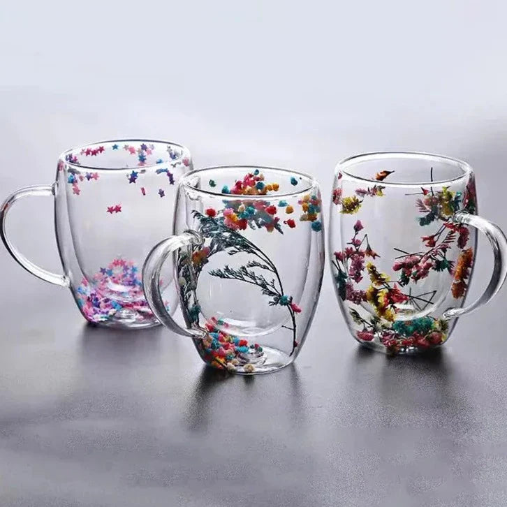 2pcs Getrocknete Blumen Doppelt wändige Glas Tasse