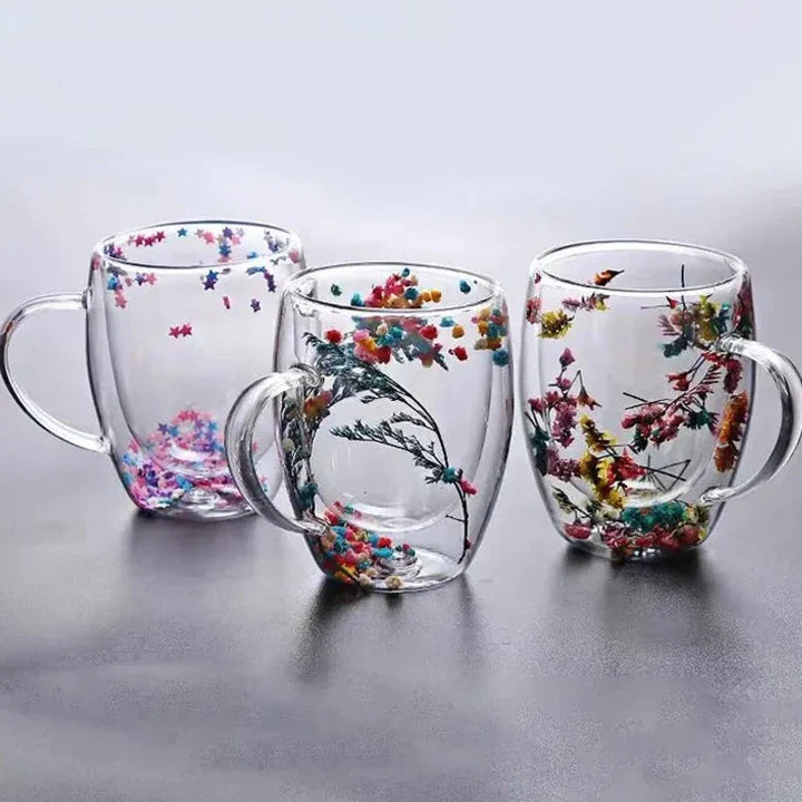 2pcs Getrocknete Blumen Doppelt wändige Glas Tasse