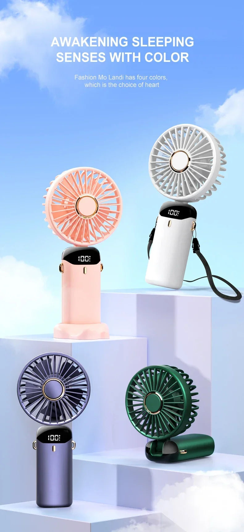 5000mAh Handheld Mini Ventilator – Kabelloser USB wiederaufladbarer tragbarer Ventilator mit digitaler Anzeige, Telefonhalter, 5-Geschwindigkeits faltbarer Nacken-Hängevantilator | Karnz