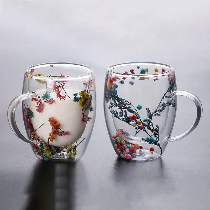 2pcs Getrocknete Blumen Doppelt wändige Glas Tasse