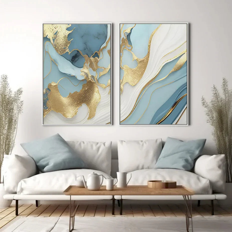 Modern Abstract Golden Blue Liquid Marble Print Wandkunst Fine Art Leinwanddrucke Bilder für Wohnzimmer Schlafzimmer Nordische Wohnkultur | Karnz