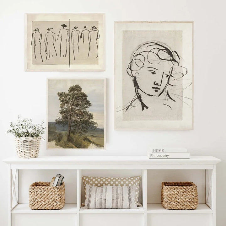 Vintage Vogue Galerie Wandkunst Landschaften Portrait Floral Abstrakt Portrait Skizze Fine Art Leinwanddrucke Bilder für das Wohnzimmer | Karnz