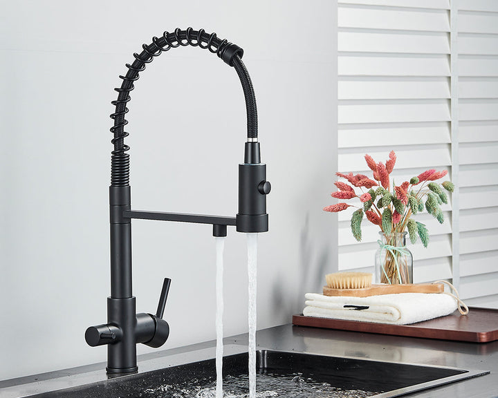 Sandsberg Schwarzer Filter-Küchenwasserhahn mit Dual-Auslauf – Mischbatterie mit Wasserfilter für Küchen, Wasseraufbereitung und Reinigung | Karnz