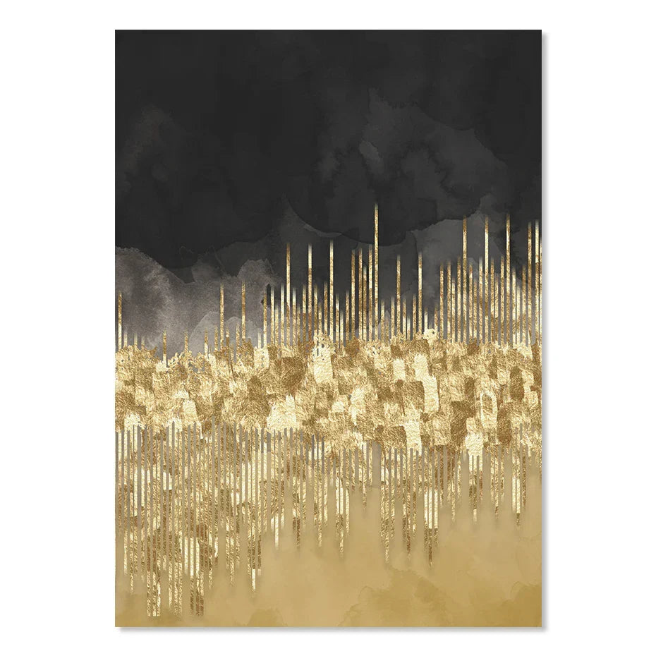 Abstrakte goldene Stadtlandschaft auf schwarzem Aquarell-Leinwanddruck Wandkunst leichte Luxusbilder für Wohnzimmer Schlafzimmer Home Office Dekor | Karnz