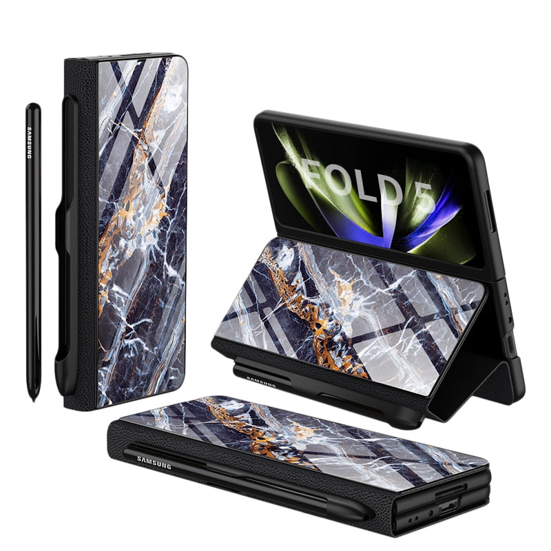 Karnz | Stoßfeste Rüstungshülle Hülle Glas Abdeckung Ständer Einfügkarte Lederhülle für Samsung Galaxy Z Fold 5/4