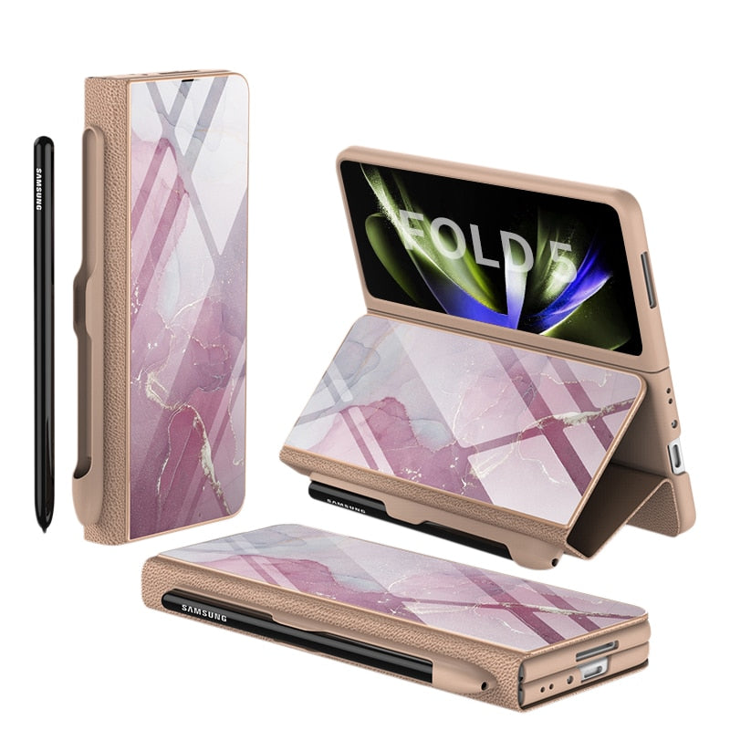 Karnz | Stoßfeste Rüstungshülle Hülle Glas Abdeckung Ständer Einfügkarte Lederhülle für Samsung Galaxy Z Fold 5/4