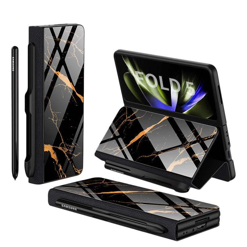 Karnz | Stoßfeste Rüstungshülle Hülle Glas Abdeckung Ständer Einfügkarte Lederhülle für Samsung Galaxy Z Fold 5/4