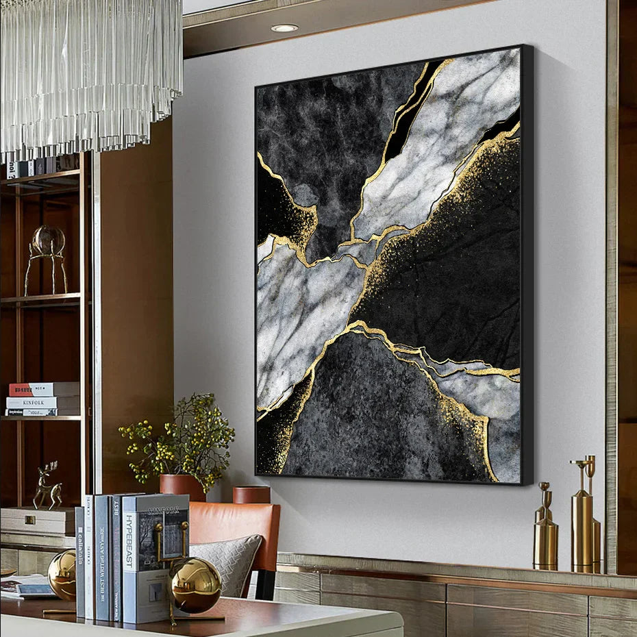 Moderne abstrakte schwarze graue goldene Geode-Marmor-Druck Wandkunst Fine Art Leinwanddrucke Bilder für luxuriöse Wohnung Wohnzimmer Home Office Dekor | Karnz