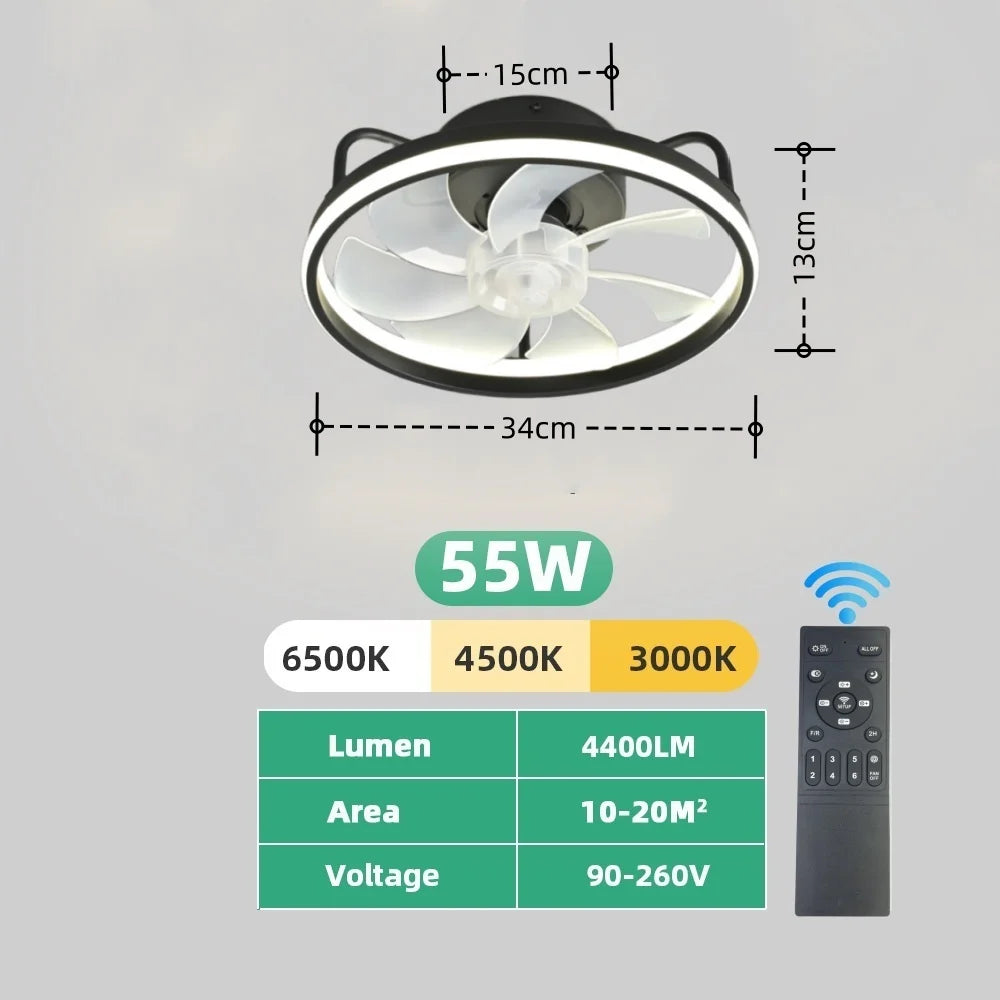 Moderner LED-Deckenventilator mit DC-Motor - 6 Geschwindigkeiten, Timer, Niedrigboden-Dachventilator, Fernbedienung Dekorative Beleuchtung | Karnz