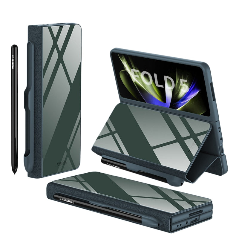 Karnz | Stoßfeste Rüstungshülle Hülle Glas Abdeckung Ständer Einfügkarte Lederhülle für Samsung Galaxy Z Fold 5/4