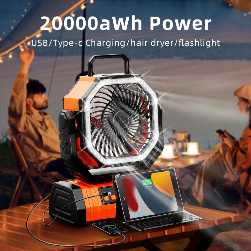 20000mAh Tragbarer Wiederaufladbarer Ventilator — Akku-Betriebene Tisch- & Camping-Lüfter mit LED-Licht & Haken für Zelt, Auto und Outdoor-Ausflüge | Karnz