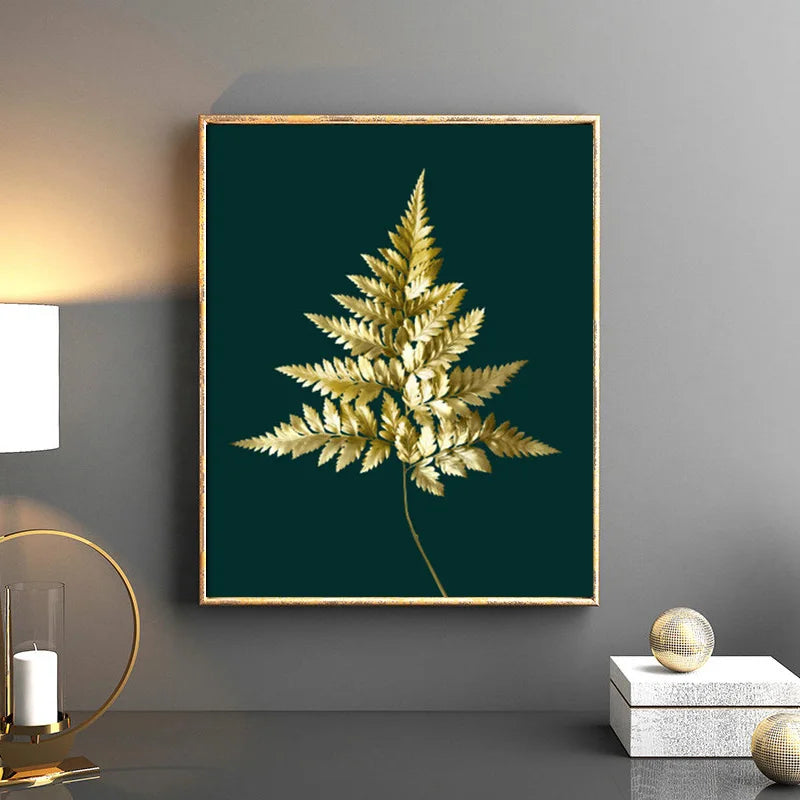 Abstrakte tropische Botanik goldene Blätter Wandkunst Feine Kunst Leinwanddrucke Bilder für Wohnzimmer Esszimmer Licht Luxus Wohnkultur | Karnz