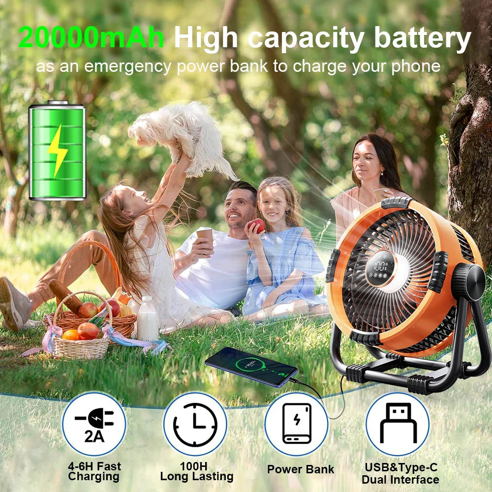 Campingventilator mit 20000mAh Akku, LED-Licht und Fernbedienung – WindMate