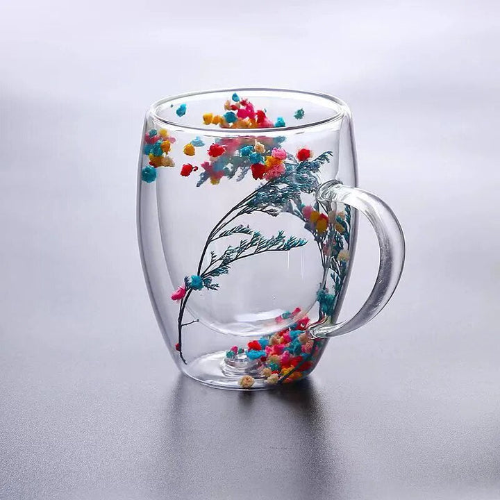 2pcs Getrocknete Blumen Doppelt wändige Glas Tasse