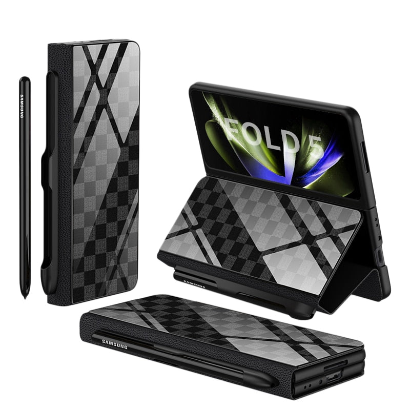 Karnz | Stoßfeste Rüstungshülle Hülle Glas Abdeckung Ständer Einfügkarte Lederhülle für Samsung Galaxy Z Fold 5/4