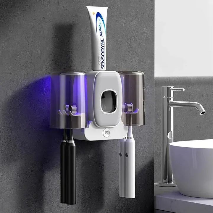 Karnz | UV Zahnbürstenhalter PureBrush UV | Sterilisation mit UV-Licht | Automatischer Zahnpastaspender | Wandmontage ohne Bohren