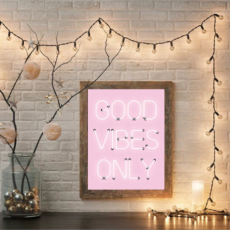 Good Vibes Only Neon Pink Poster Wandkunst Fine Art Leinwanddrucke Positivität Bild für Wohnzimmer Mädchen Schlafzimmer Salon Kunst Dekor | Karnz