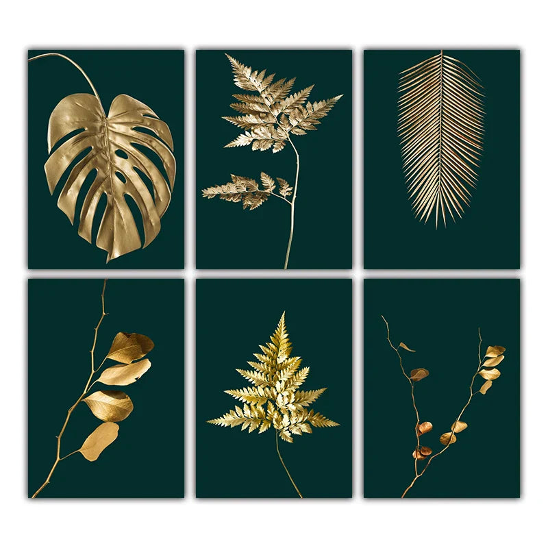 Abstrakte tropische Botanik goldene Blätter Wandkunst Feine Kunst Leinwanddrucke Bilder für Wohnzimmer Esszimmer Licht Luxus Wohnkultur | Karnz